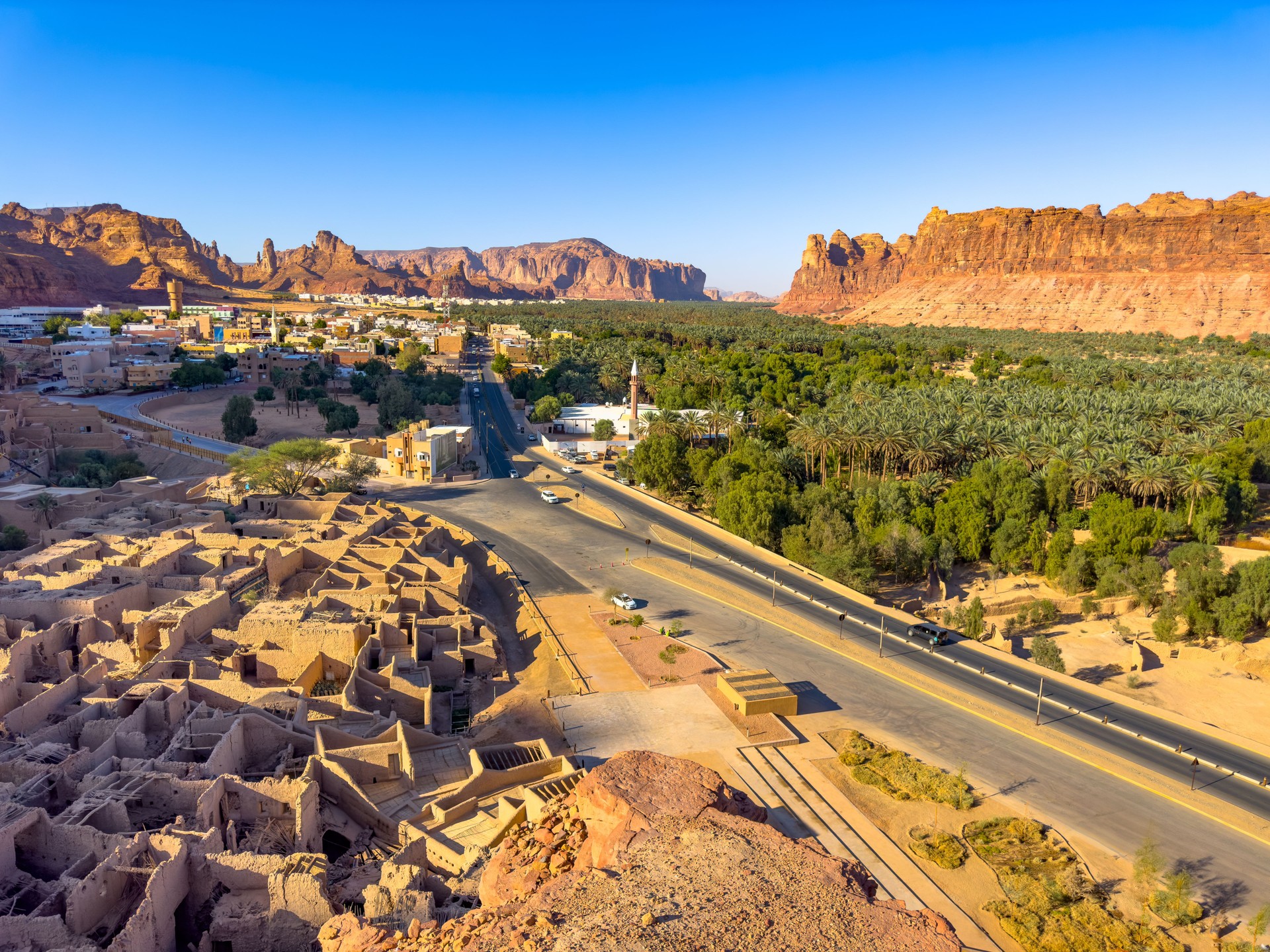 A view overlooking the old town of Al Ula and its surrounding palm plantations.